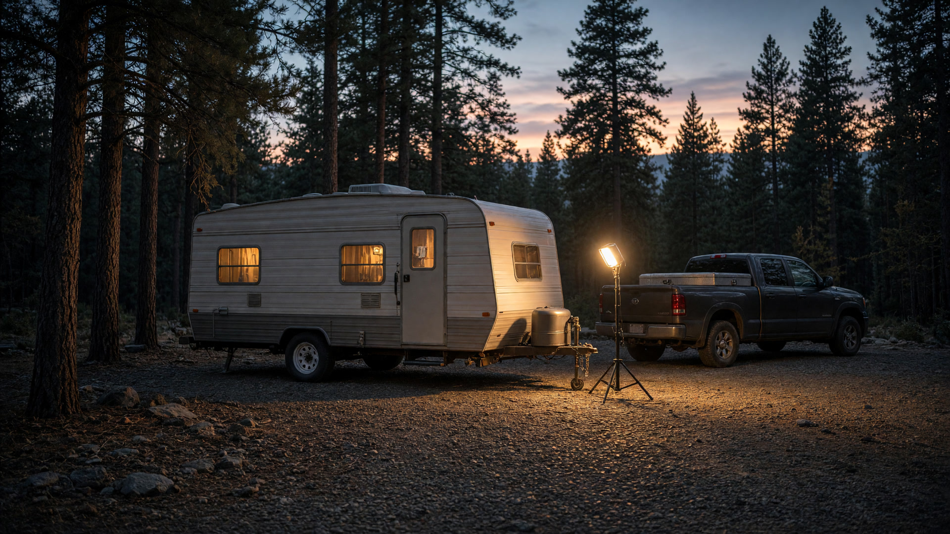 Service truck parked beside a travel trailer at a forested Southern Oregon campsite