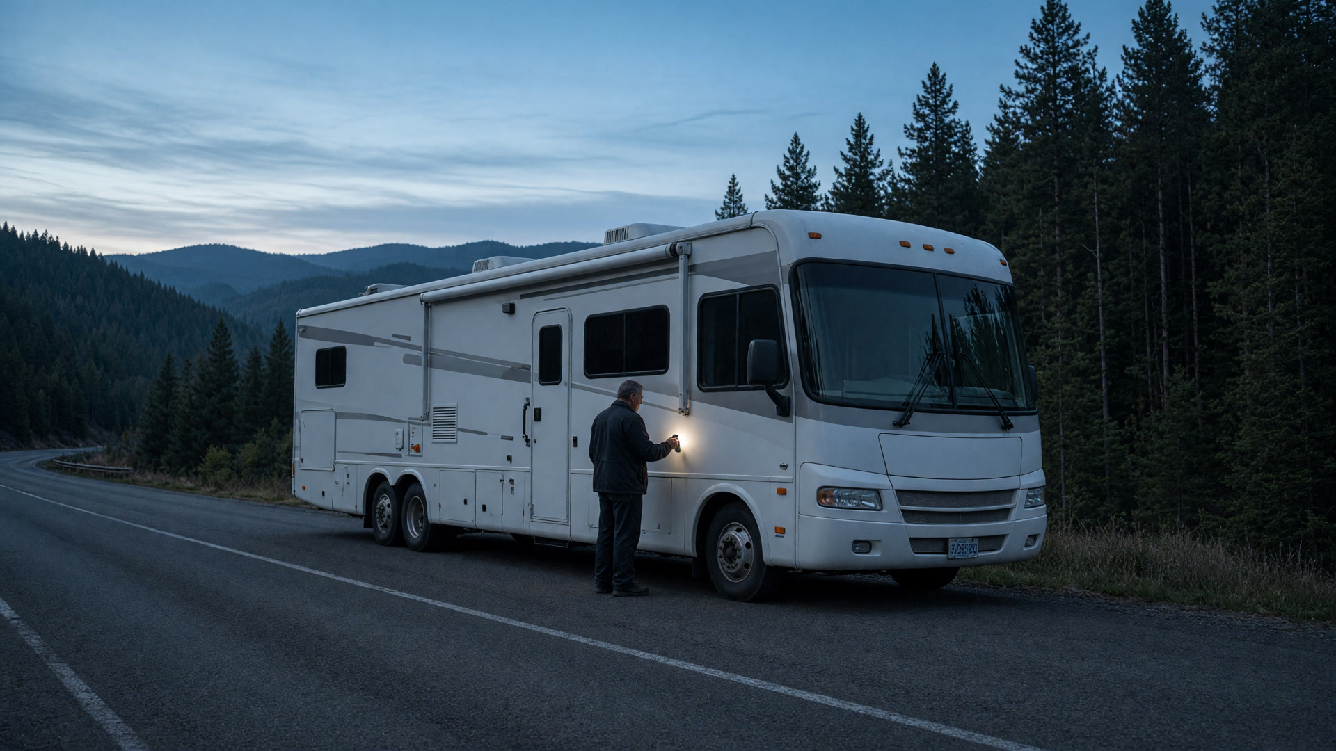 Mobile mechanic servicing a motorhome on a Southern Oregon roadside at dusk