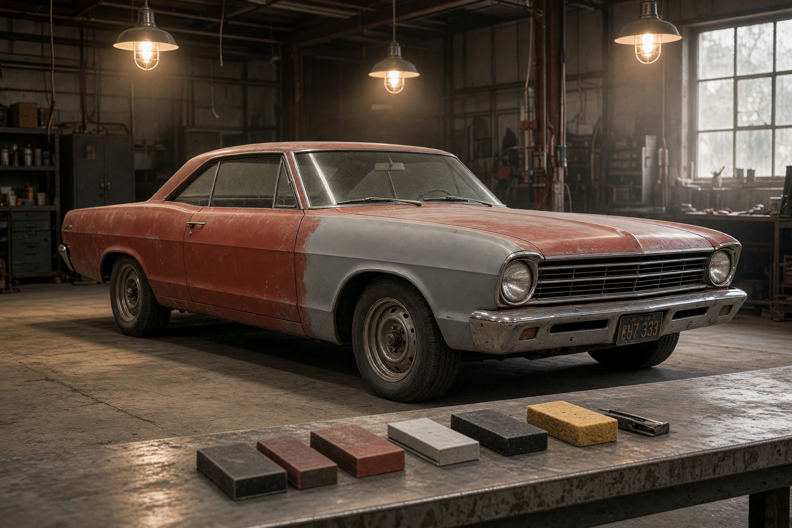 Classic car body in primer inside the restoration garage