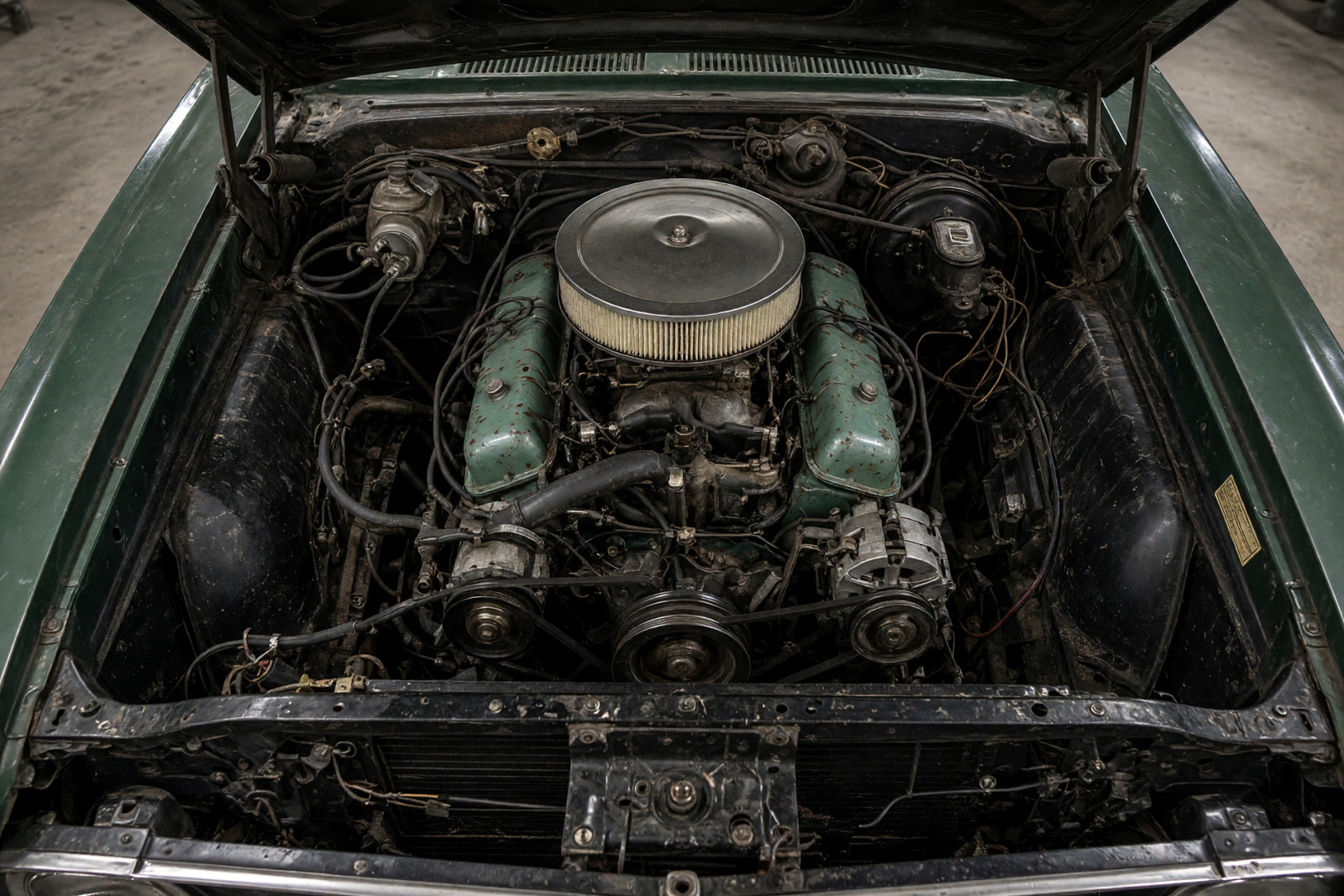 Looking into a muscle-car engine bay with the V8 seated in the chassis
