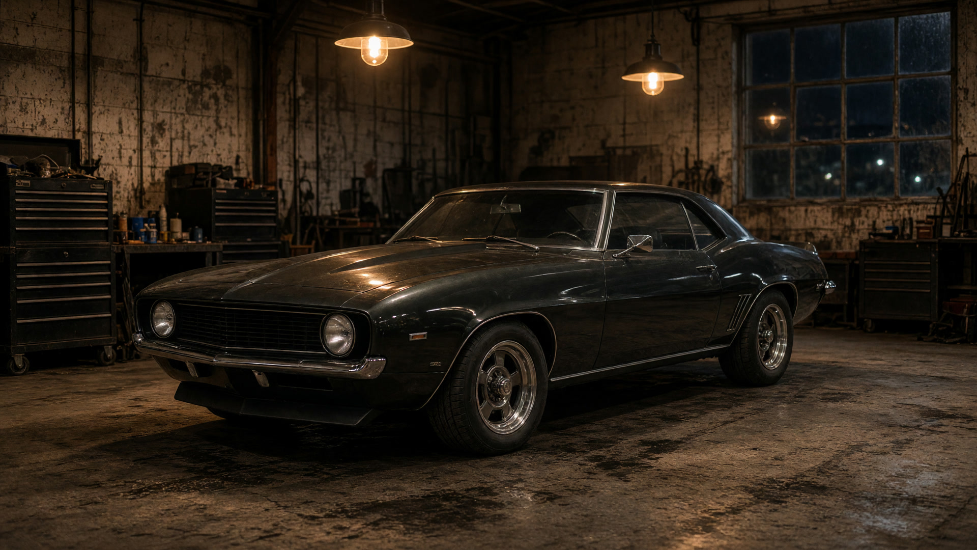 Classic muscle car on jack stands in a dim restoration shop