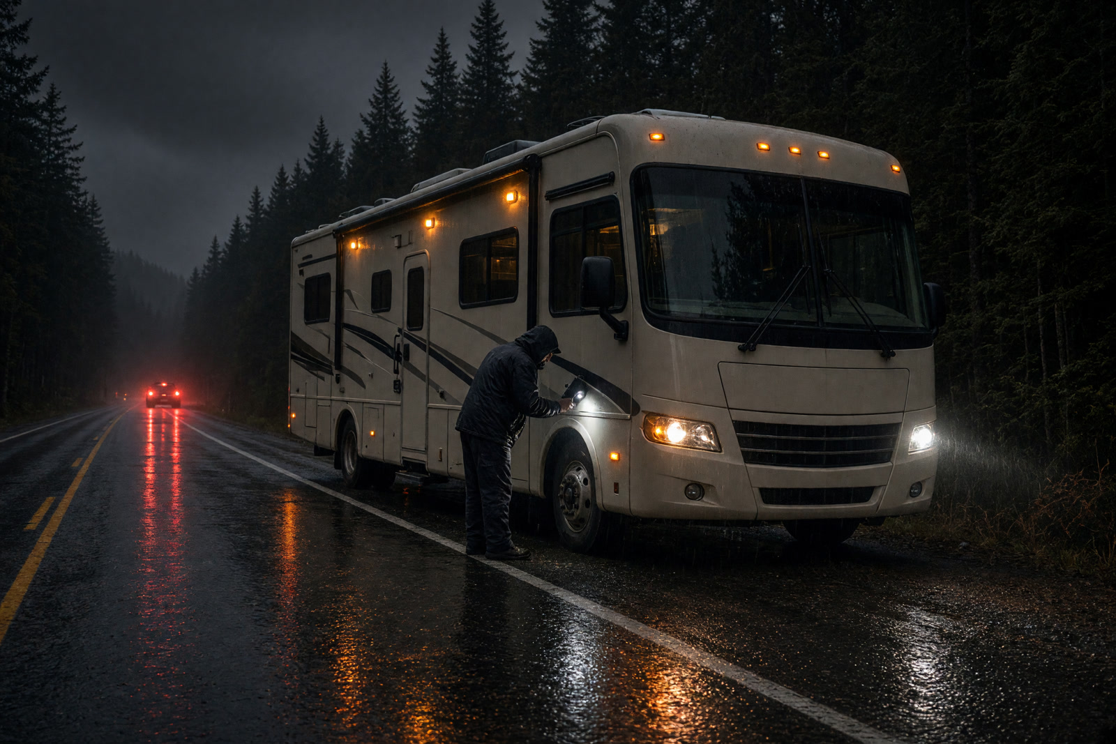 Mechanic standing beside a motorhome on a rural Oregon highway at night