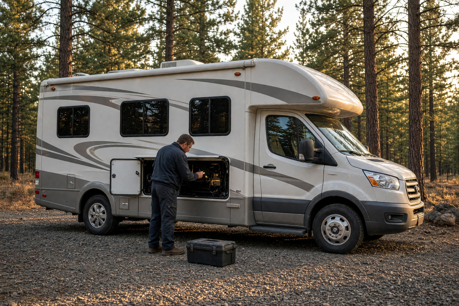 Mechanic working in a diesel motorhome engine bay